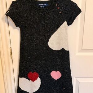 Souris Mini Black Sparkle Knit Dress with Heart Accents - Pink & Red